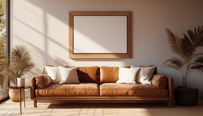 blank picture frame mock up on a wall with sunlightith sunlight above brown sofa with pillows and decor 3d render