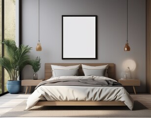 empty frame mock up above the bed in modern bedroom interior front view 3d render