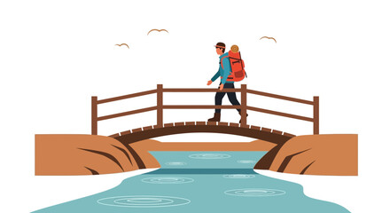 Adventurous Hiker Crossing a Wooden Bridge Amidst a Tranquil Landscape Scenery