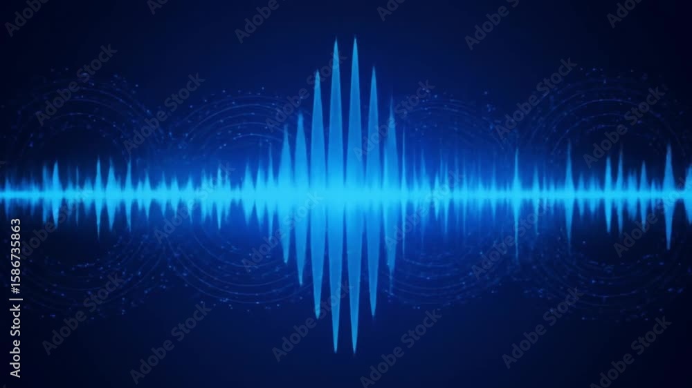 Aufkleber vibrant blue audio waveform display against a dark background with subtle particle effects visible