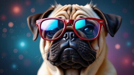 Cute pug face with glasses reflecting space, fashion banner
