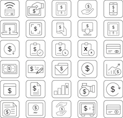 A modern collection of 30 line-style icons representing online payments, transactions, banking, invoices, money transfers, and financial services. Perfect for websites, apps, fintech.