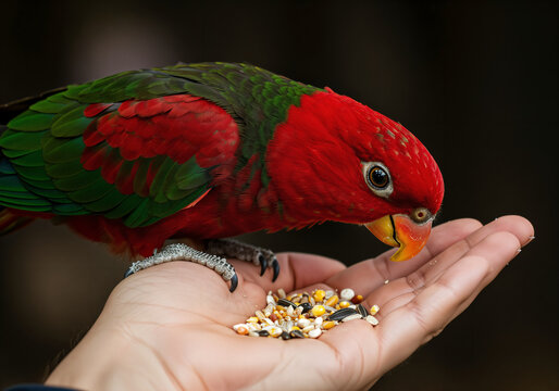 Red lory parrot feeding from hand a vibrant close interaction between human and tropical nature - Powered by Adobe