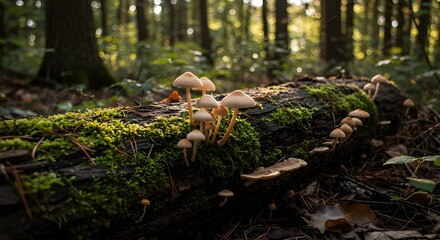 Obraz premium Tiny mushrooms sprout on a rotting fallen wood in the forest, captured in natural daylight, showcasing details of growth, decay, texture, and forest floor ecosystem realism.