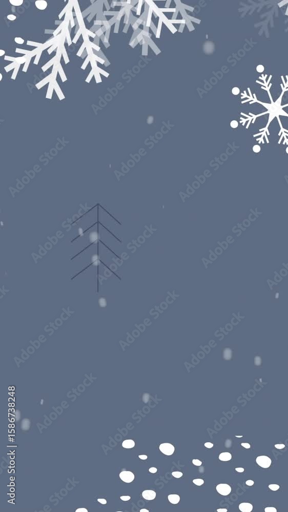 Poster animation of fir tree and snow falling over trees on grey background