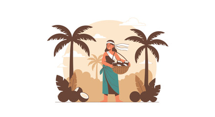 Coconut Harvest Illustration Tropical Scenery Featuring Palm Trees and Local Farmer