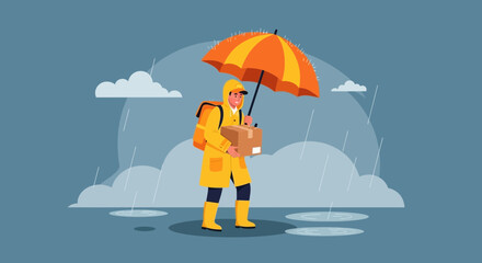 Determined Delivery: Courier Navigating Rainy Day To Provide Seamless Service