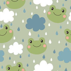 Cute frog seamless pattern. Background for kids with frogs, clouds and raindrops. Vector illustration. It can be used for wallpapers, wrapping, cards, patterns for clothes and other.