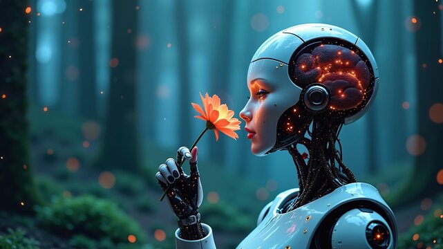 Sci-fi concept of the future. Computer neural network studies the world, robot smells a flower, AI development with digital brain analysis.
