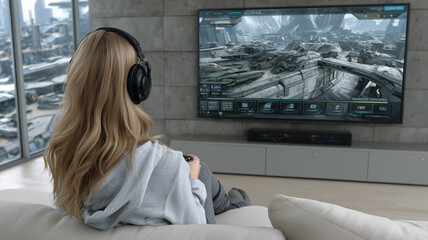 A young woman is sitting on the sofa in front of the TV. They are playing a video game with headphones on.