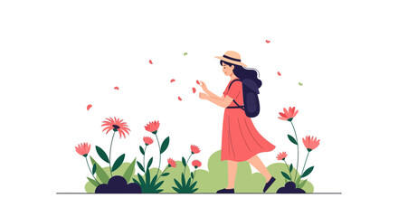 Obraz premium Adventurous Woman Strolling Through A Blossom Field During Spring Vacation