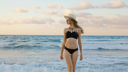 Summer vacation, beautiful young woman in swimsuit, hat standing on sea beach background
