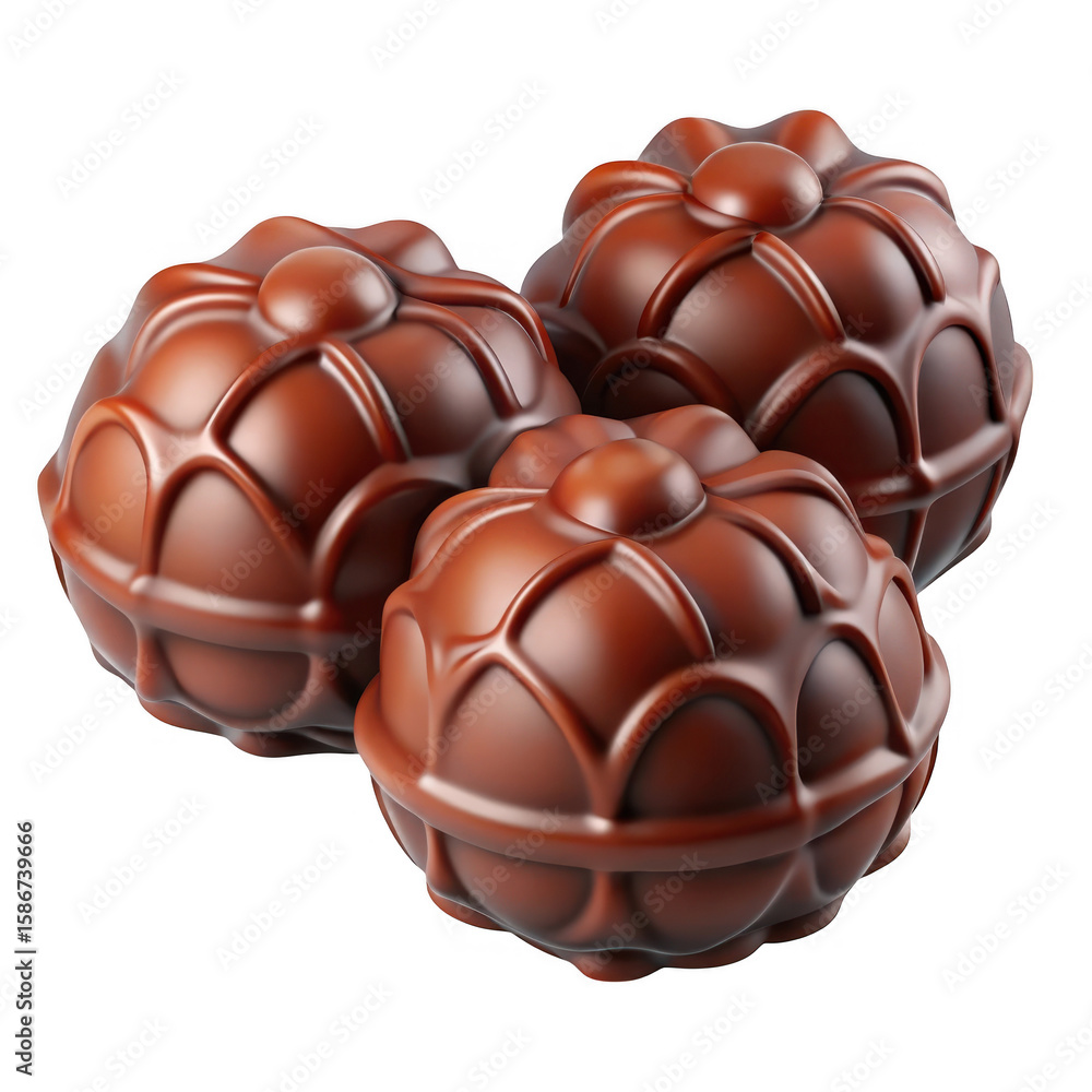 Poster 3d chocolate pralines with intricate design isolated on transparent background