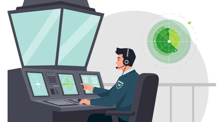 Air Traffic Controller Monitoring Radar Screens In Control Tower Illustration
