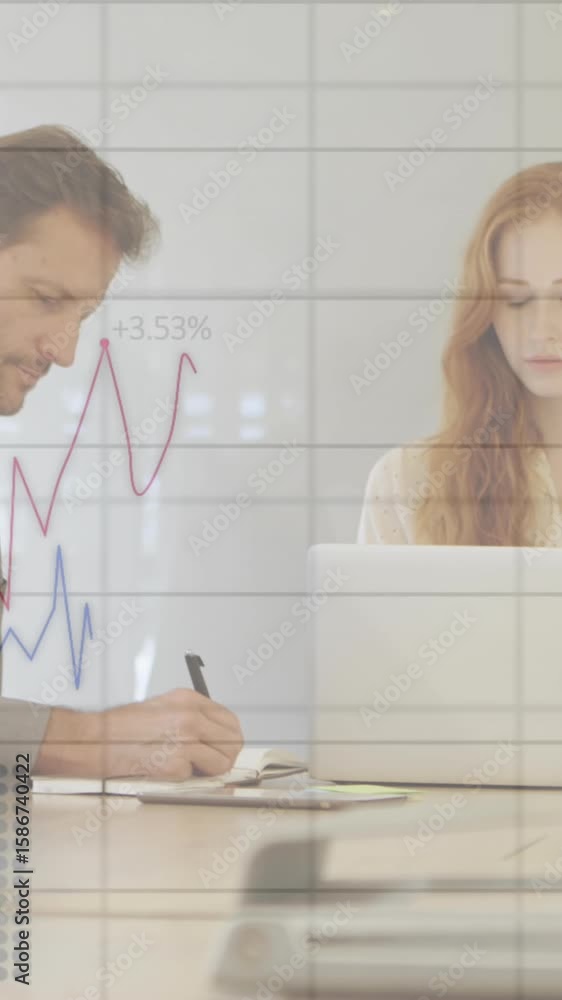 Poster animation of financial data processing over diverse business people using laptops at meeting