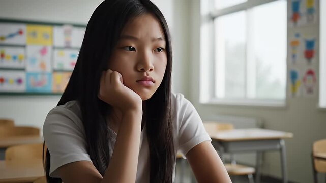 Pensive Student in Classroom A Portrait of Focused Education and Quiet Contemplation During School Hours