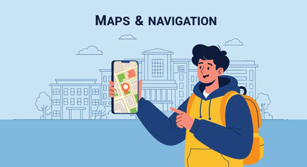 Cartoon Character Exploring City Landmarks With Digital Map On Phone Illustration