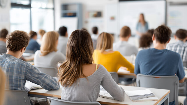 A group of students sit in a classroom with their backs to us and look at the teacher at the blackboard. Learning education concept background