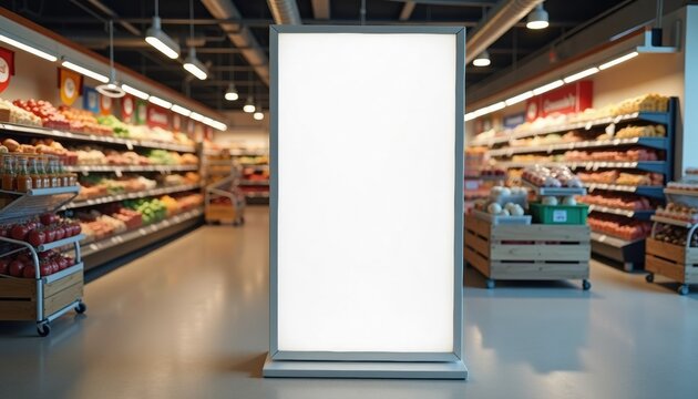 Empty advertising display in grocery store aisle with products  