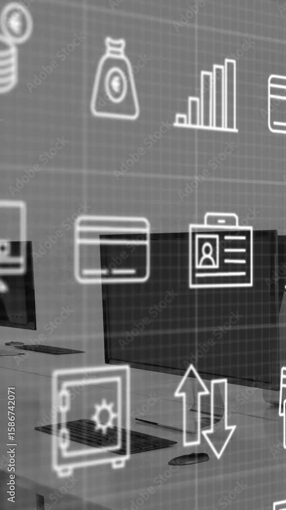 Poster animation of multiple digital icons over grid network against empty office