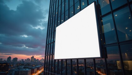 Large blank billboard on glass skyscraper at sunset skyline  