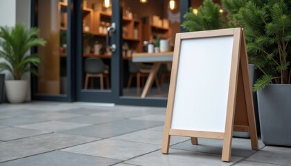 A-frame wooden sign standing by entrance of modern cafe  