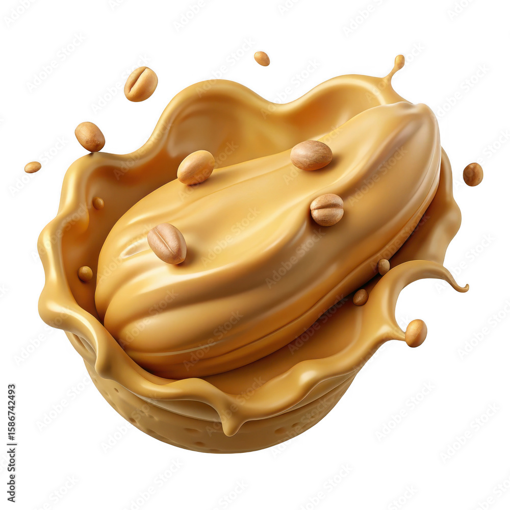 Poster 3d peanut butter splash with peanuts isolated on transparent background