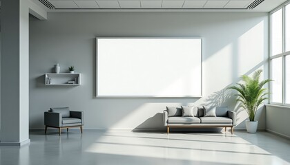 Modern living room with grey walls and large windows, natural light  