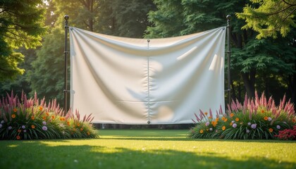 Blank canvas on metal frame in sunny garden with colorful flowers  