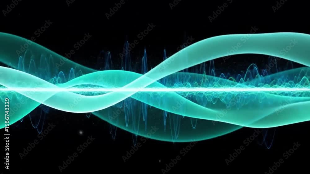 Poster abstract visualization of turquoise waves with a bright horizontal line on a black background