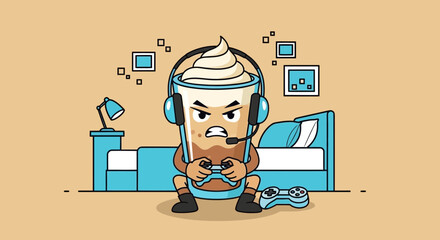 Angry Coffee Cartoon Character Concentrated On Playing Video Game At Home