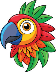 Vibrant cartoon parrot head with colorful feathers and large expressive eye