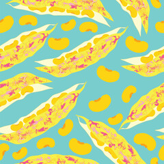 exotic beans with pods seamless pattern. yellow colored with pink textured bean pods seamless pattern. Good for textile, fabric, wrapping, decoration, clothing, printable, product packaging and more.