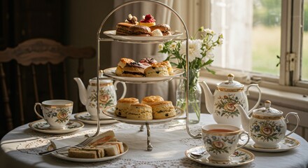 Elegant afternoon tea arrangement showcasing pastries, scones, and sandwiches on a tiered stand in daylight