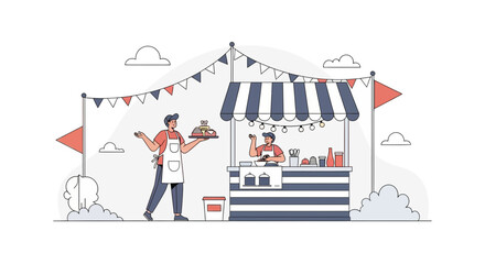 Dynamic Food Market Scene Illustration With Vendors And Delicious Offerings