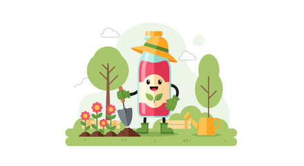 Naklejka premium Cartoon Mascot Bottle Gardening In The Green Scenery With Watering Can
