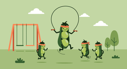 Fototapeta premium Cartoon Peas Having Fun Exercising On The Playground Vector Illustration