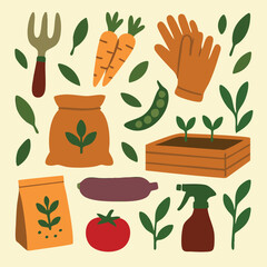 Gardening tools and plants displayed on a white background
