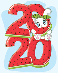 Cute bunny happy new year 2020 with watermelon Premium Vector