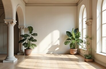 Fototapeta premium Bright spacious interior room with minimalist decor featuring large potted plants near arched windows, classical columns. Light wood floor with sunlit patterns. Ideal for event backdrops, wedding