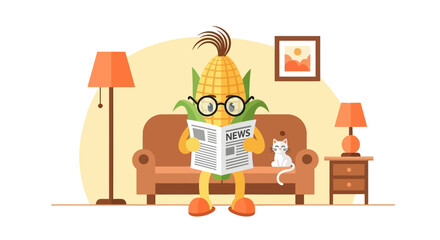 Corn Character Reading Newspaper On Couch With Cat In Cozy Living Room