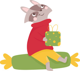 Raccoon with a gift.
Merry Christmas and Happy New Year. Vector