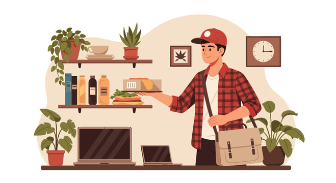 Efficient Food Delivery Service By Cheerful Courier In Comfort Home Environment