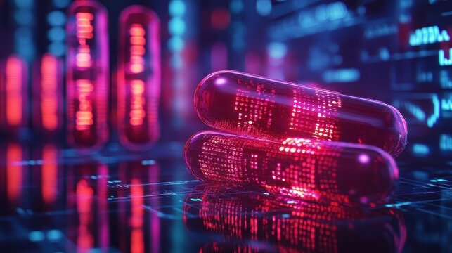 A serene pharmaceutical expo where glowing capsules are paired with scientific data and demonstration videos