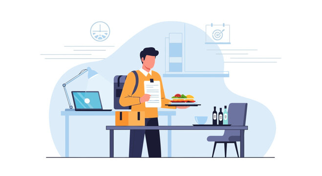 Efficient Food Delivery Service Man with Backpack Delivering Meal At Home Office