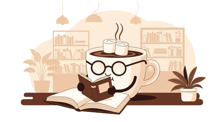 Aromatic Reading: Cup Of Coffee With Marshmallows Enjoys A Novel By The Bookshelf