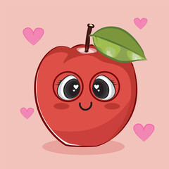 cute apple mascot design vector. Red apple with love and leaf. Healthy vegetarian food