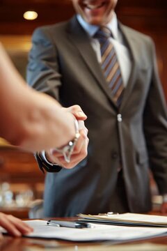 The financial advisor greets the client and shakes his hand. Portrait of a businessman during an office meeting