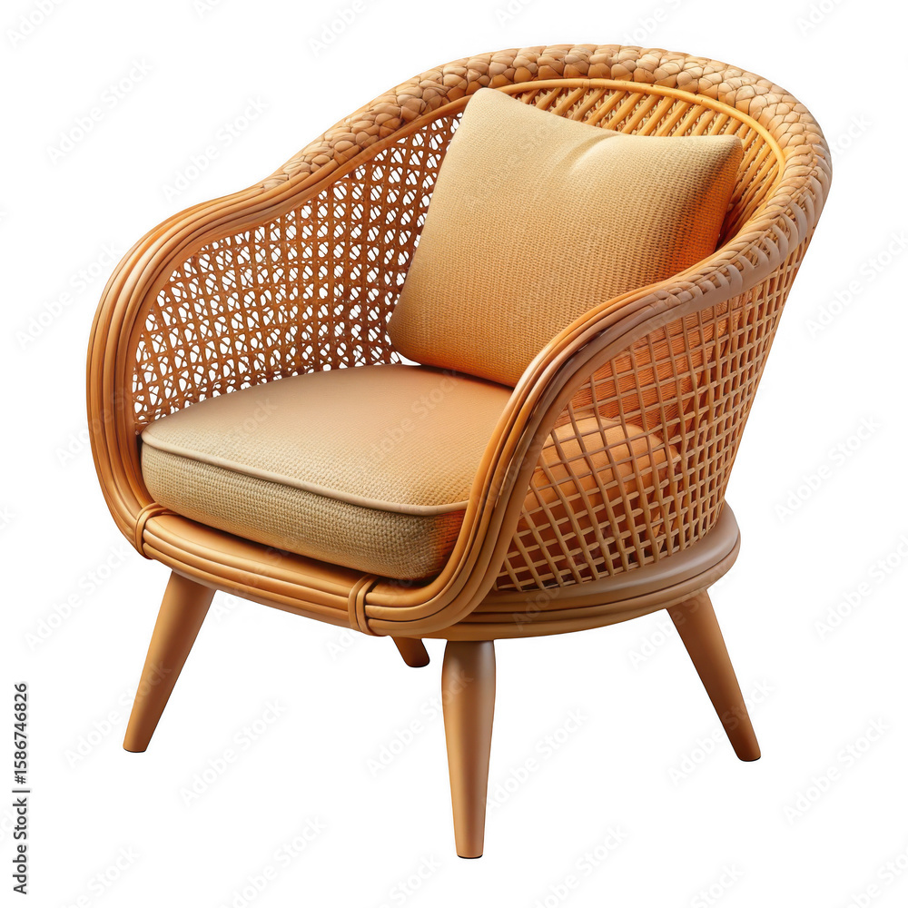 Poster 3d wicker armchair with cushion isolated on transparent background