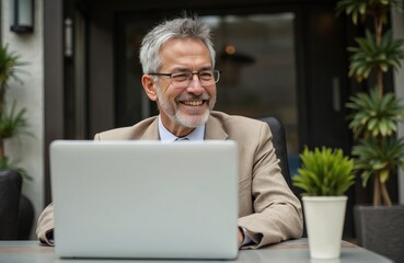 Fototapeta premium Happy mature businessman with glasses works on laptop outdoors. Smiling middle aged pro man, entrepreneur, sits at table, hybrid working lifestyle. Copy space.